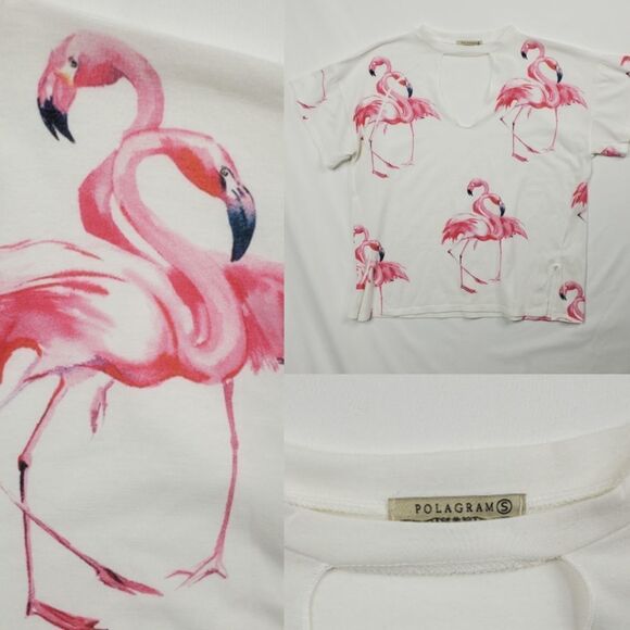 POLAGRAM cutout oversized pink flamingo white short sleeve top S SMALL - Picture 1 of 9
